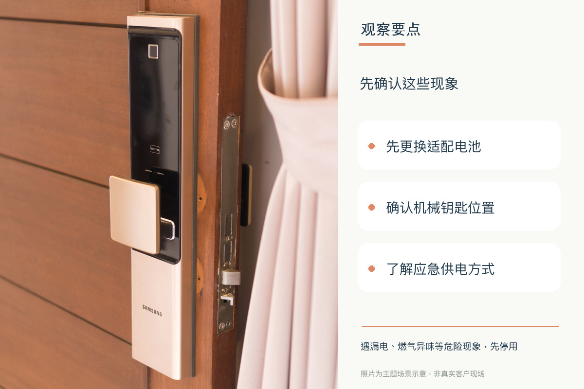 智能门锁提示电量低，万一彻底没电会不会进不了家？相关观察要点示意