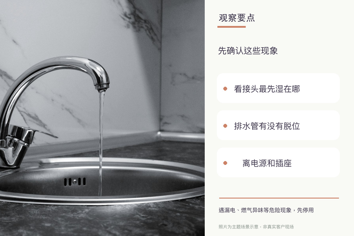 净水器下面的橱柜总是潮湿，漏水未必来自滤芯相关观察要点示意